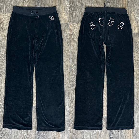 BCBGmaxazria Women Size S Black Logo Embellished Pullon Track Velvet Pants Y2K - Picture 1 of 14